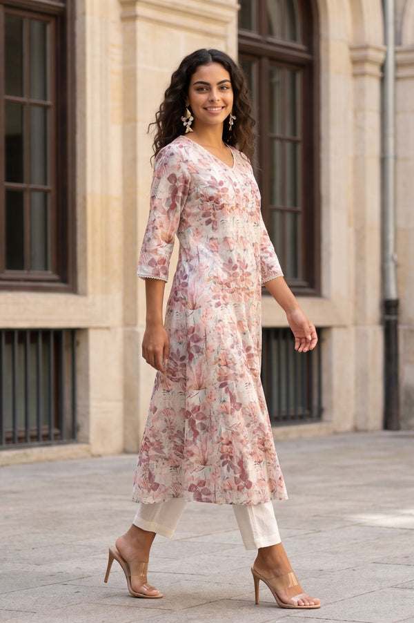 Off White Floral Printed Cotton Shimmer A-line Kurta with Lace