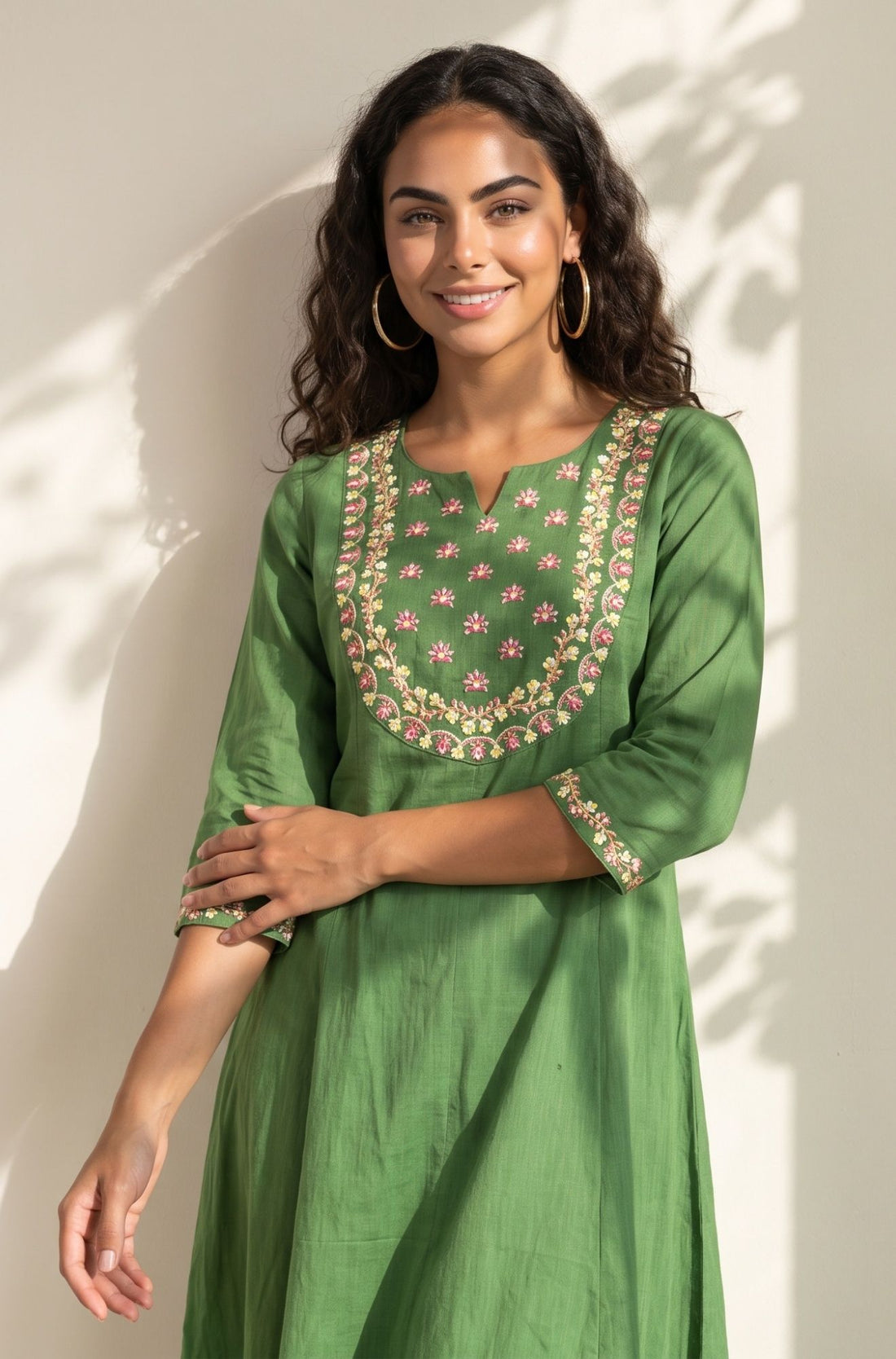 Green Embroidered Pure Cotton Flared Kurta