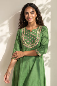 Green Embroidered Pure Cotton Flared Kurta