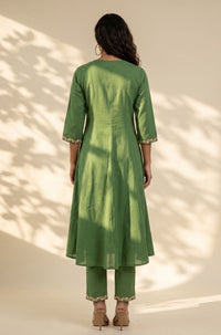 Green Embroidered Pure Cotton Flared Kurta