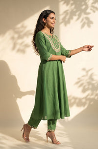 Green Embroidered Pure Cotton Flared Kurta
