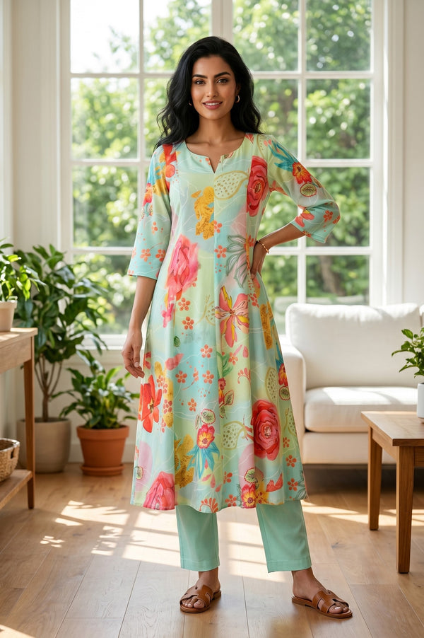 Mint Green Floral Printed Rayon Flared Kurta