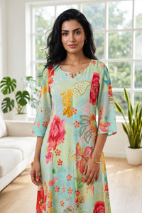 Mint Green Floral Printed Rayon Flared Kurta