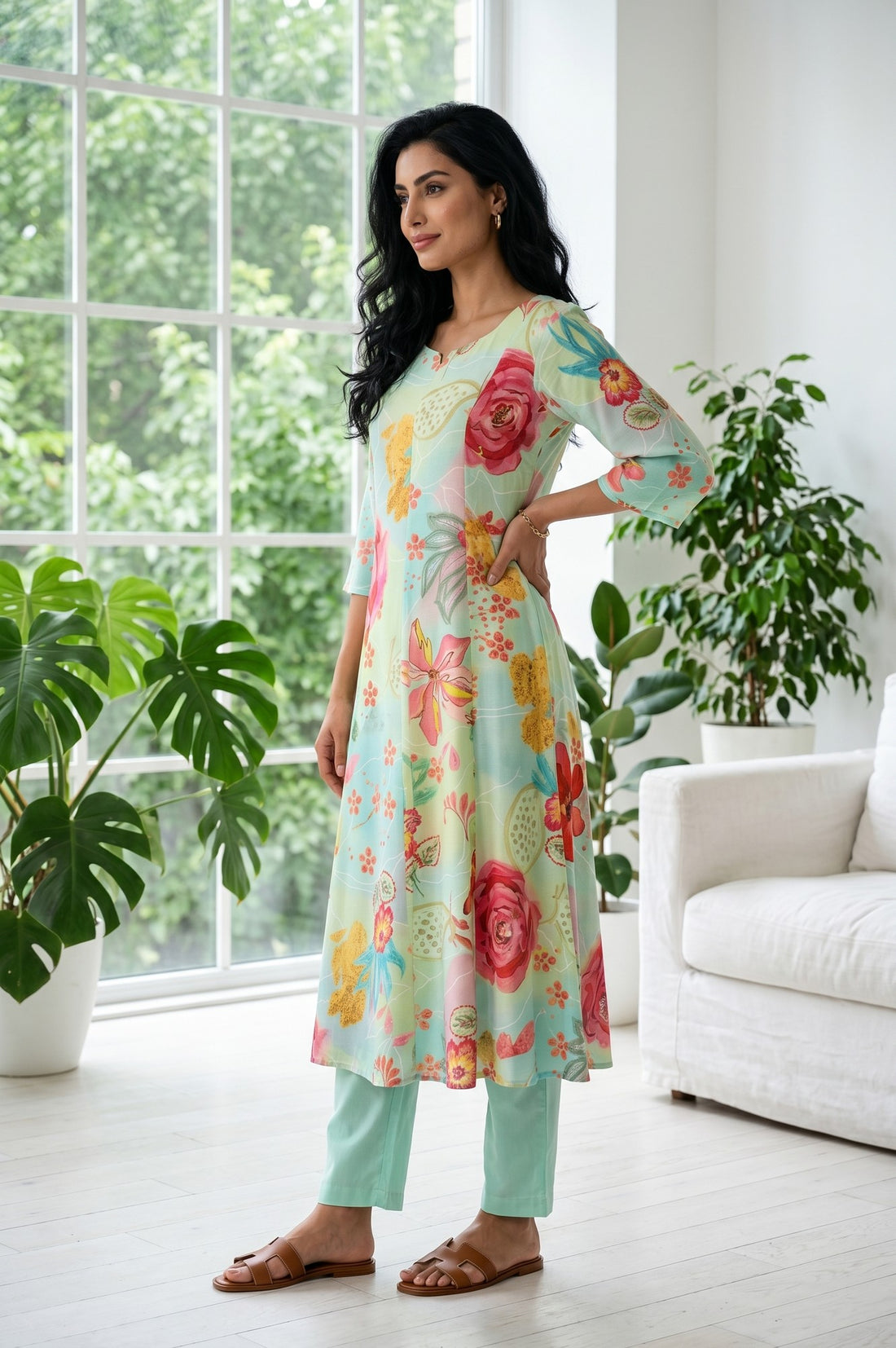 Mint Green Floral Printed Rayon Flared Kurta