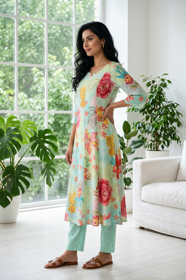Mint Green Floral Printed Rayon Flared Kurta