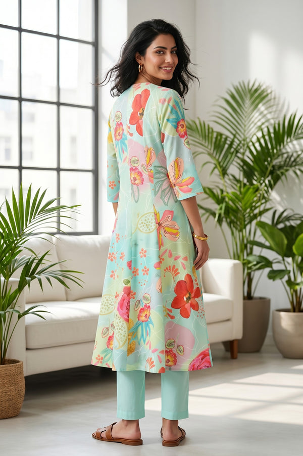 Mint Green Floral Printed Rayon Flared Kurta
