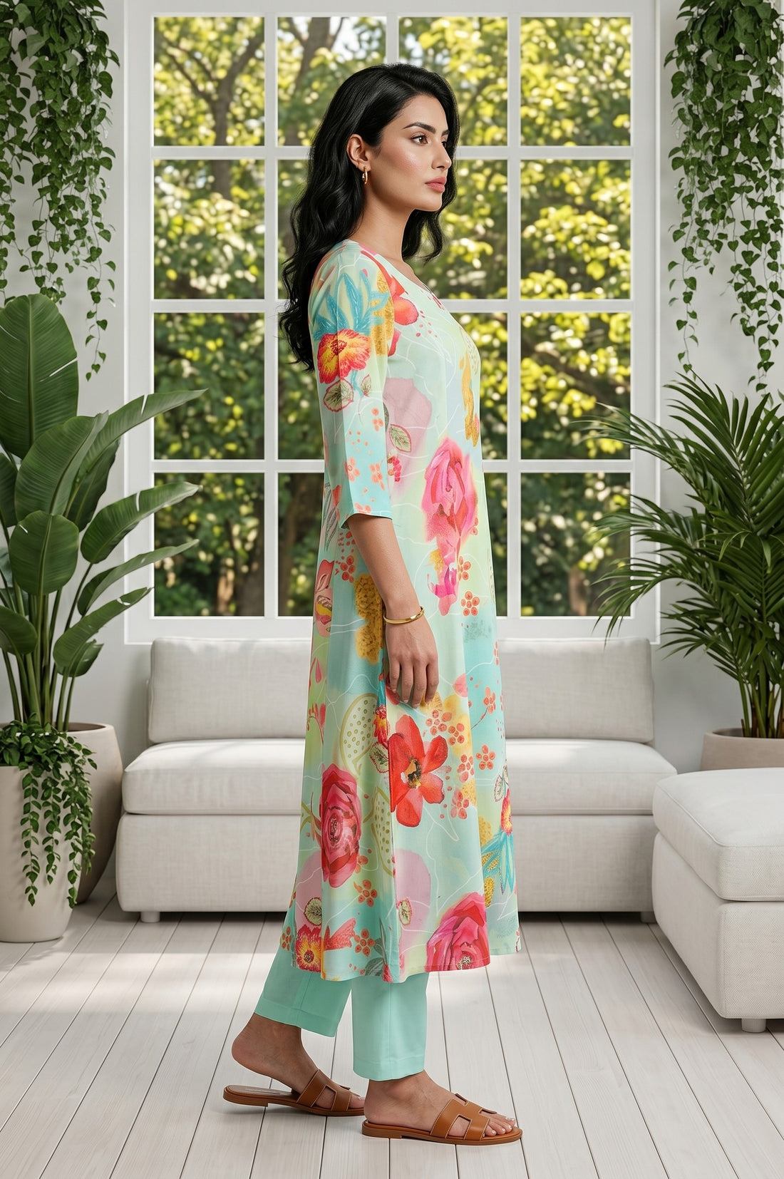 Mint Green Floral Printed Rayon Flared Kurta
