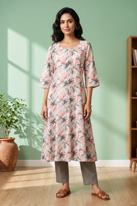 Off White Floral Printed Rayon Flared Kurta