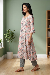 Off White Floral Printed Rayon Flared Kurta