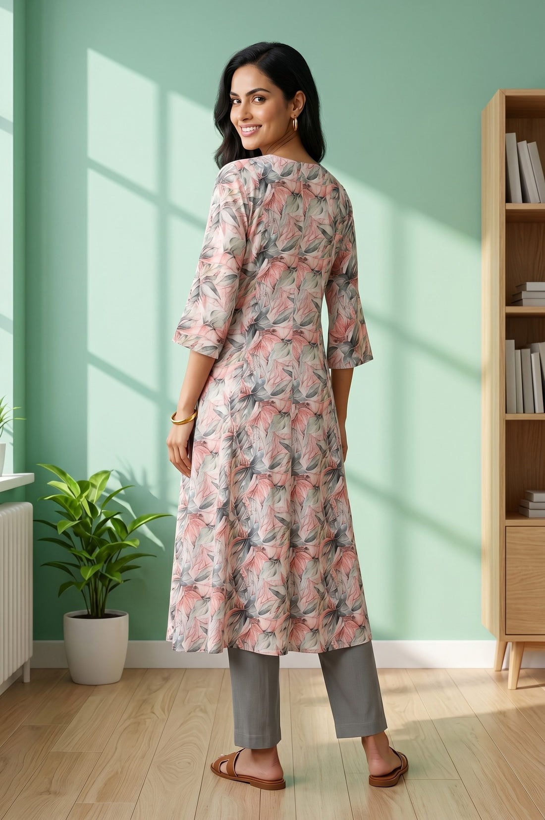 Off White Floral Printed Rayon Flared Kurta