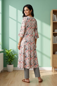 Off White Floral Printed Rayon Flared Kurta