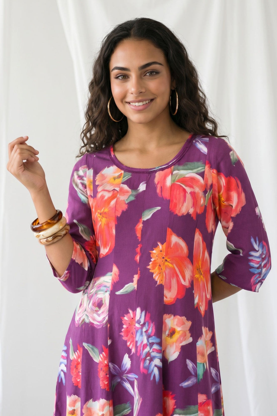 Purple Floral Printed Embroidered Rayon A-line Kurta