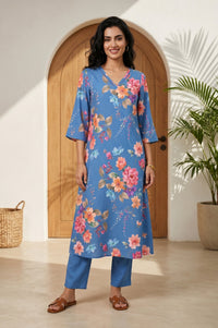 Blue Floral Printed Straight Kurta