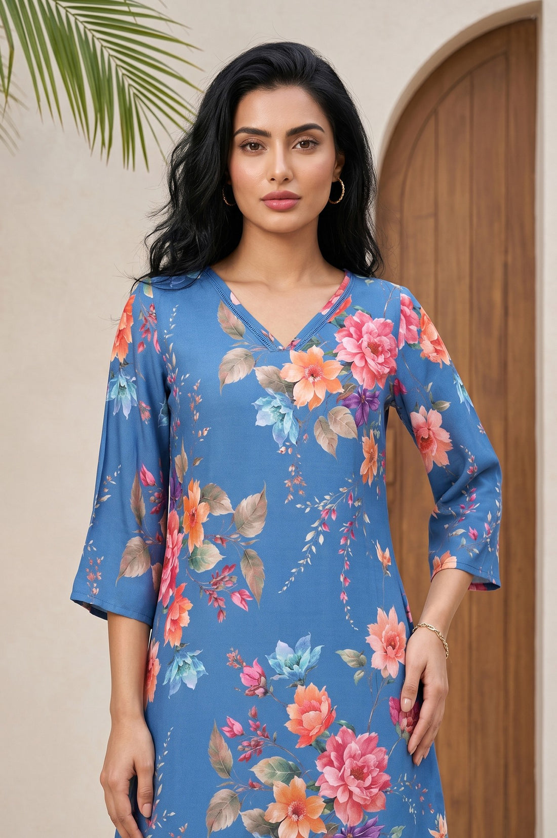 Blue Floral Printed Straight Kurta