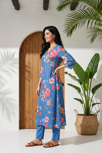 Blue Floral Printed Straight Kurta