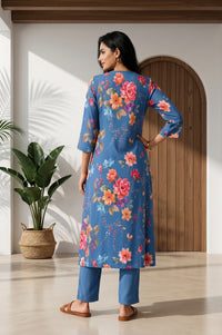 Blue Floral Printed Straight Kurta