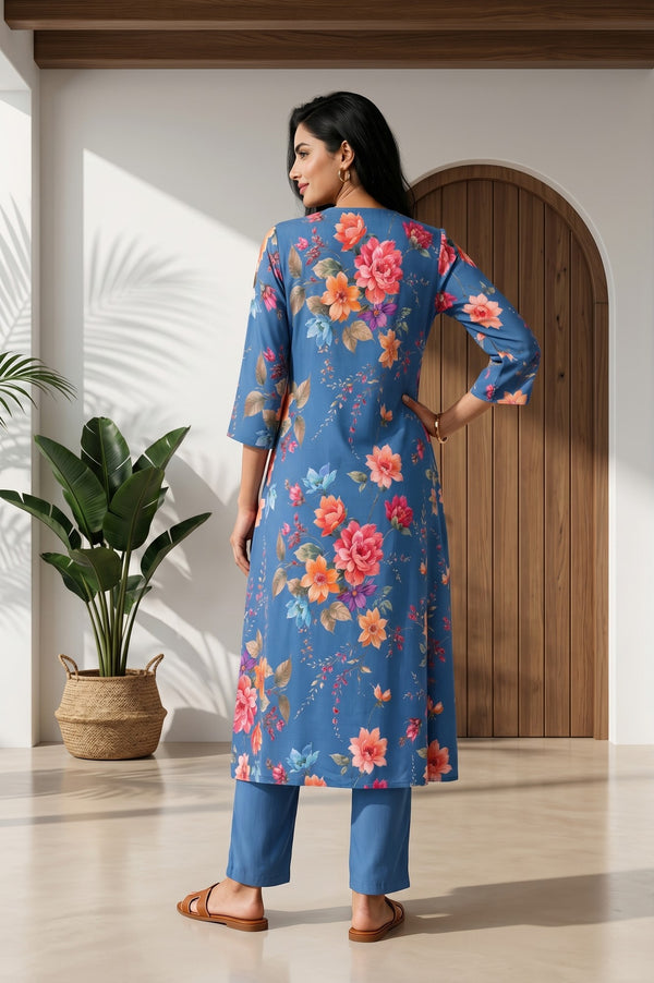 Blue Floral Printed Straight Kurta