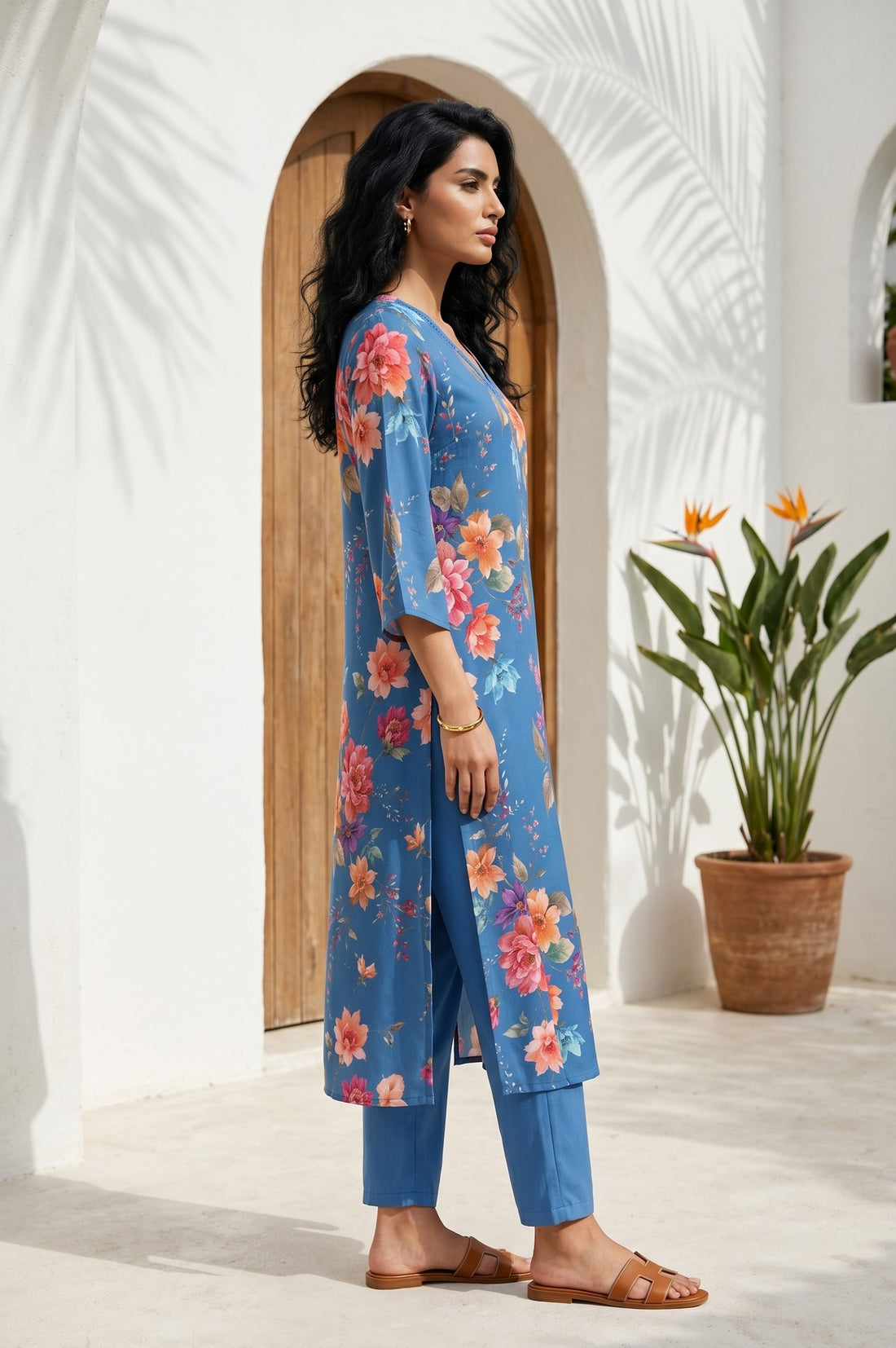 Blue Floral Printed Straight Kurta