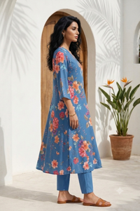 Blue Flora Printed A-line Kurta