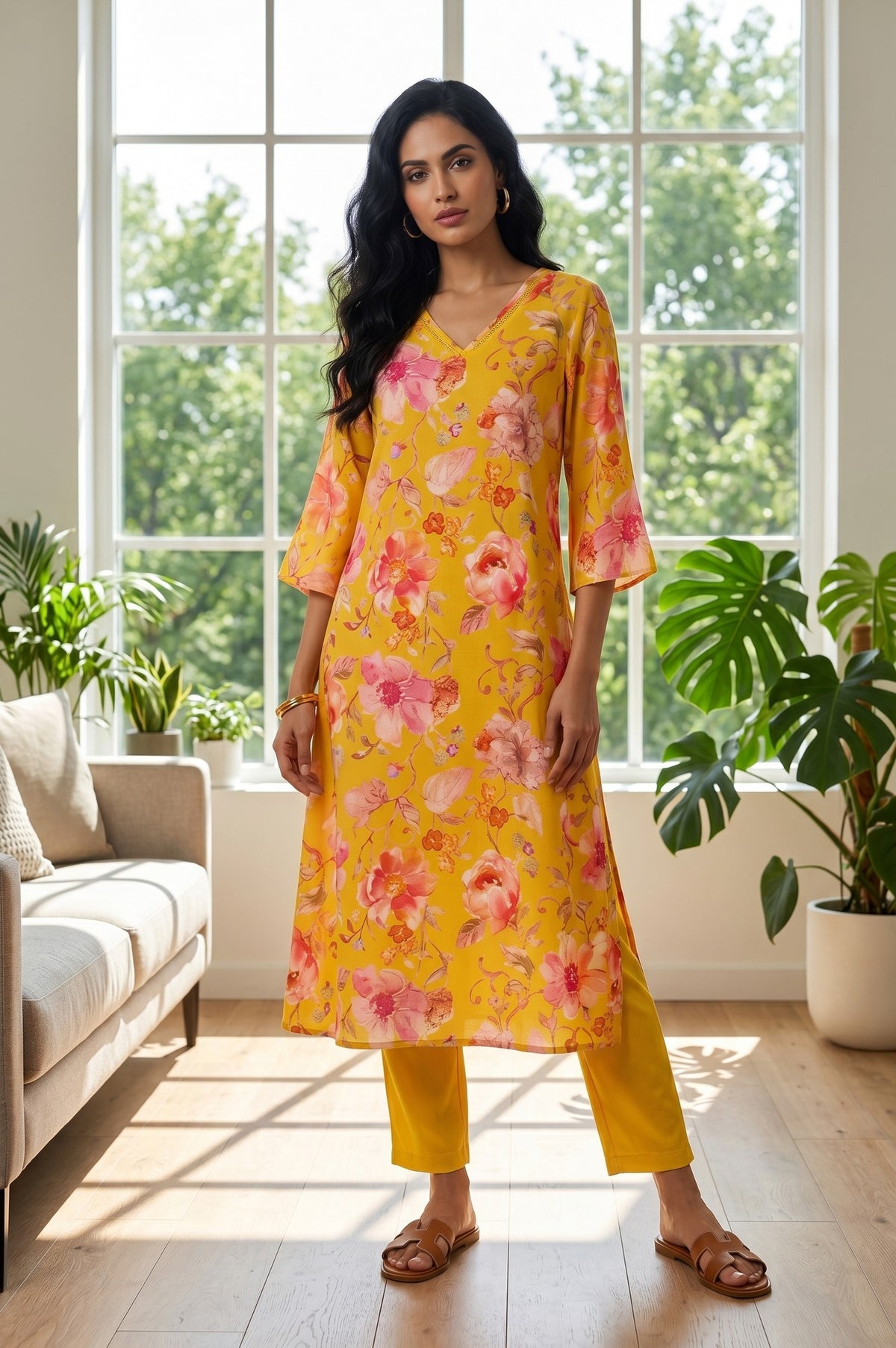 Mustard Floral Printed Rayon Straight Kurta - XS