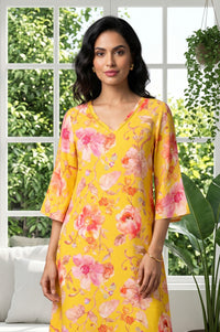 Mustard Floral Printed Rayon Straight Kurta