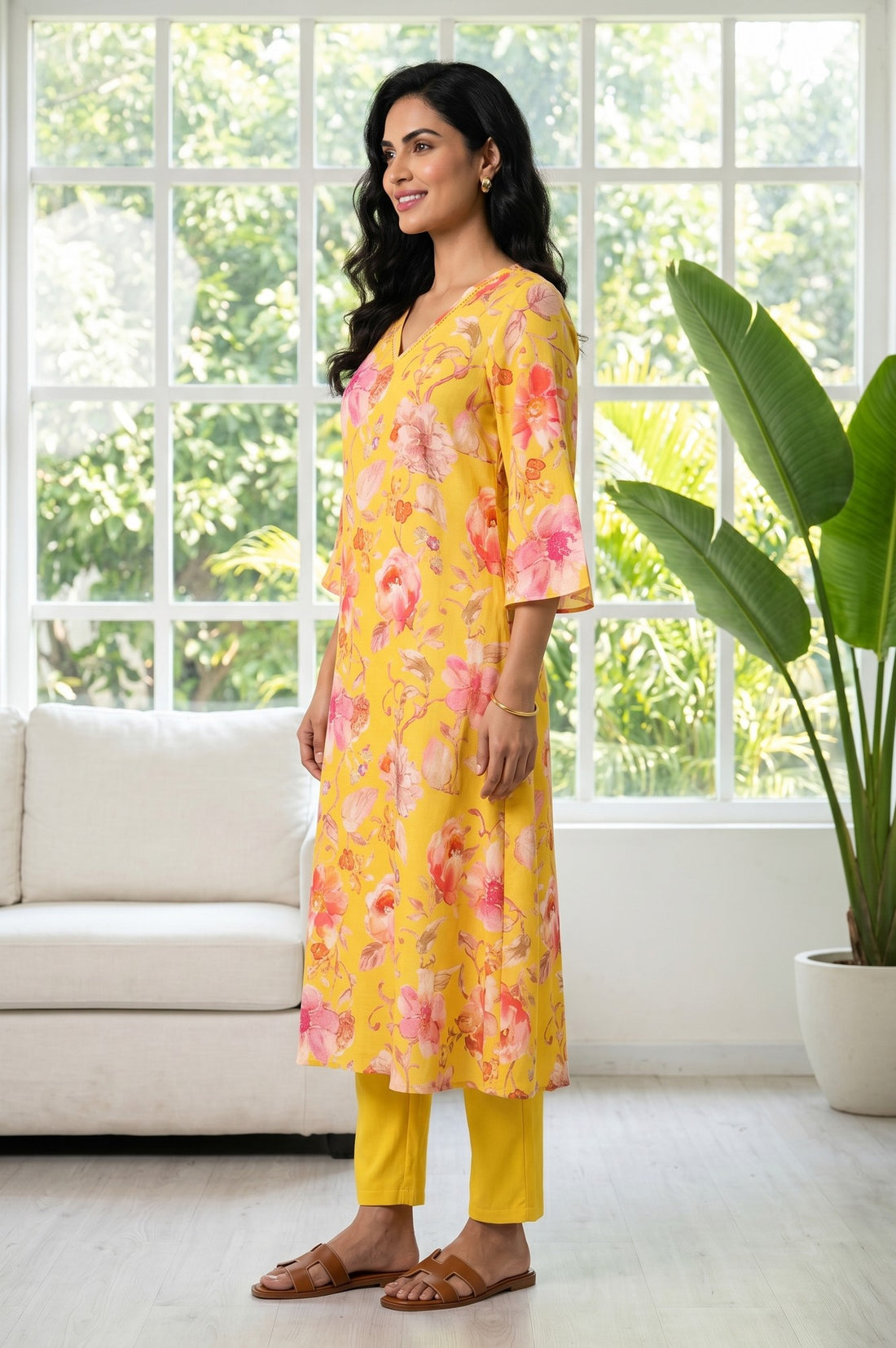 Mustard Floral Printed Rayon Straight Kurta