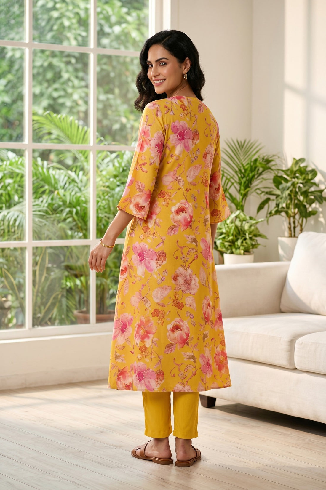 Mustard Floral Printed Rayon Straight Kurta