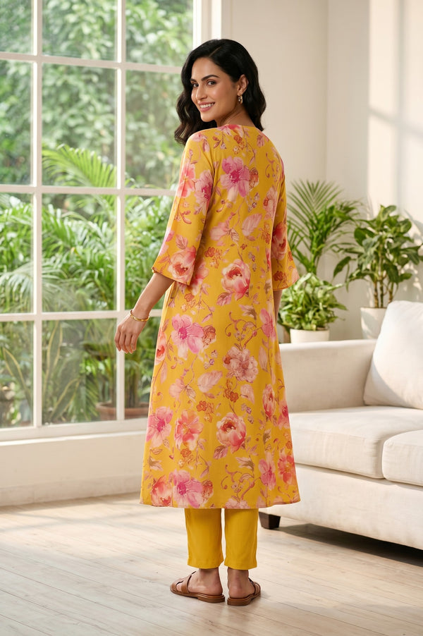 Mustard Floral Printed Rayon Straight Kurta