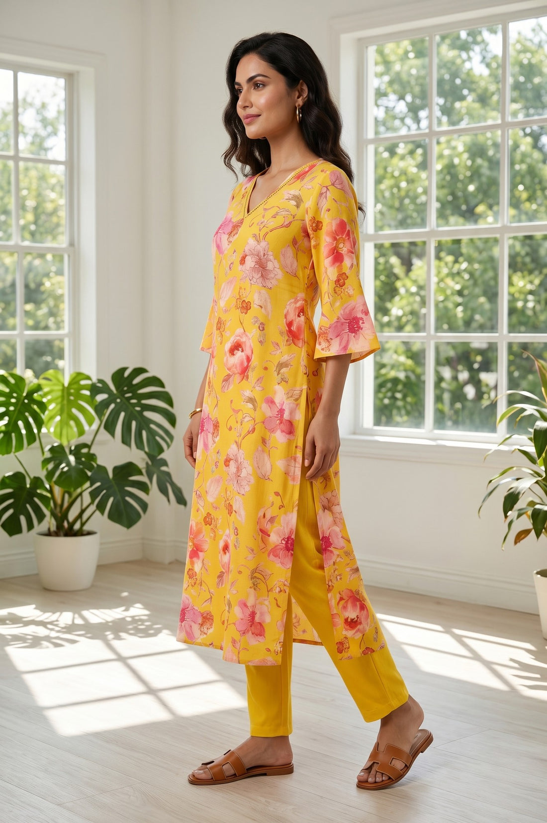 Mustard Floral Printed Rayon Straight Kurta