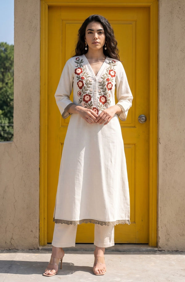 Off White Embroidered Cotton Flax Straight Kurta