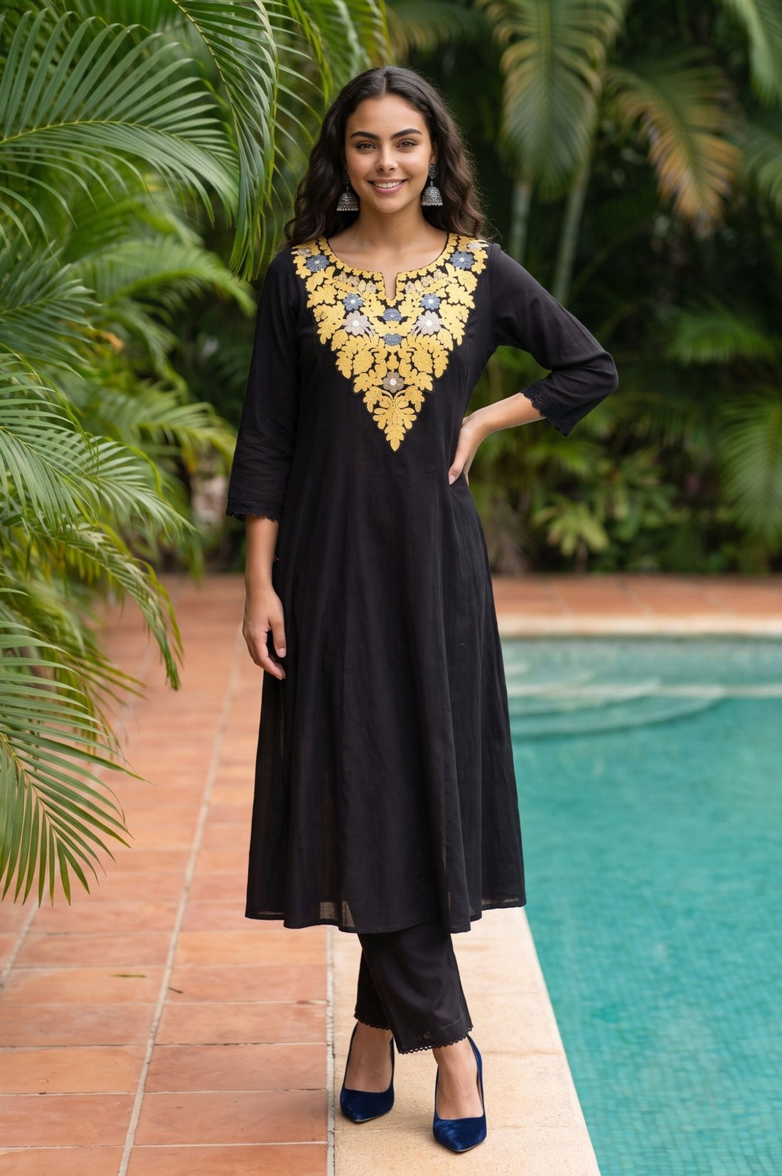 Black Embroidered Pure Cotton Flared Kurta