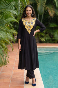 Black Embroidered Pure Cotton Flared Kurta