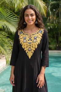 Black Embroidered Pure Cotton Flared Kurta