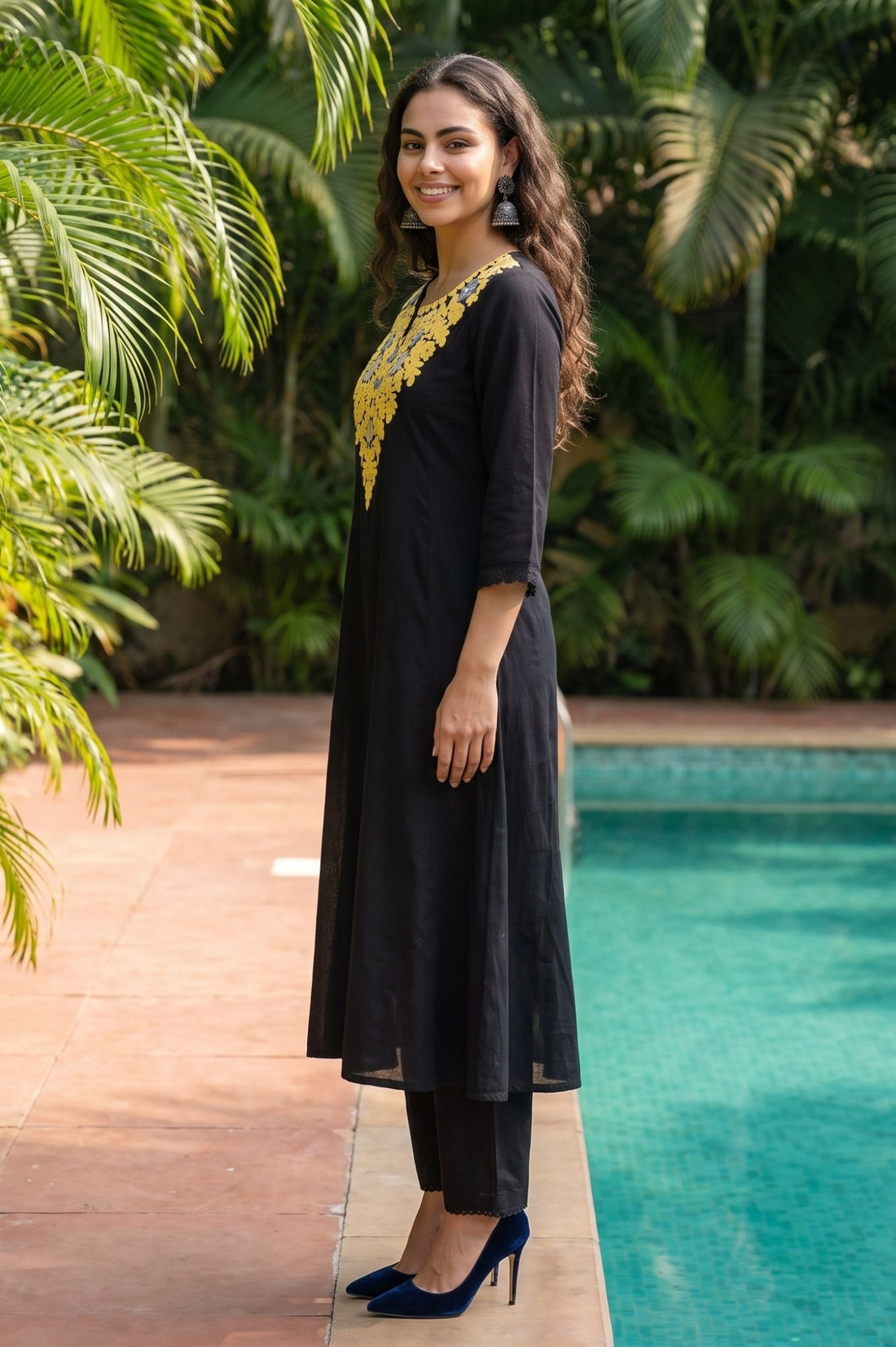 Black Embroidered Pure Cotton Flared Kurta