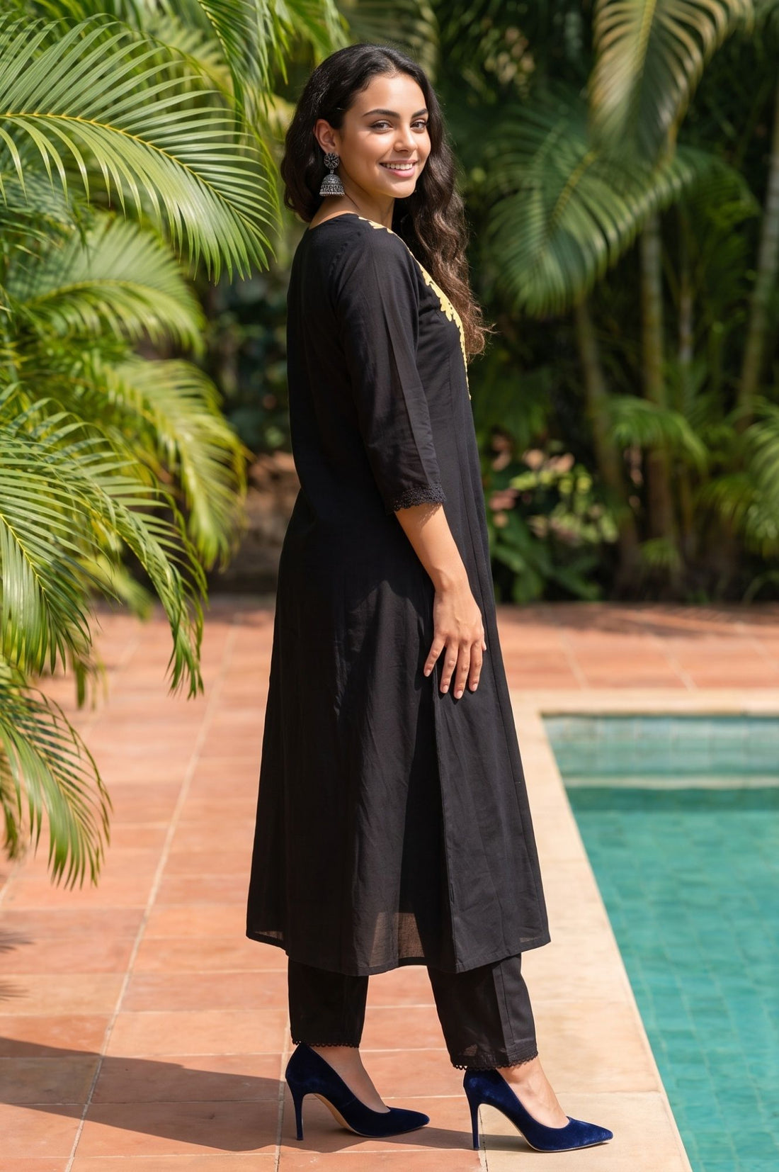 Black Embroidered Pure Cotton Flared Kurta
