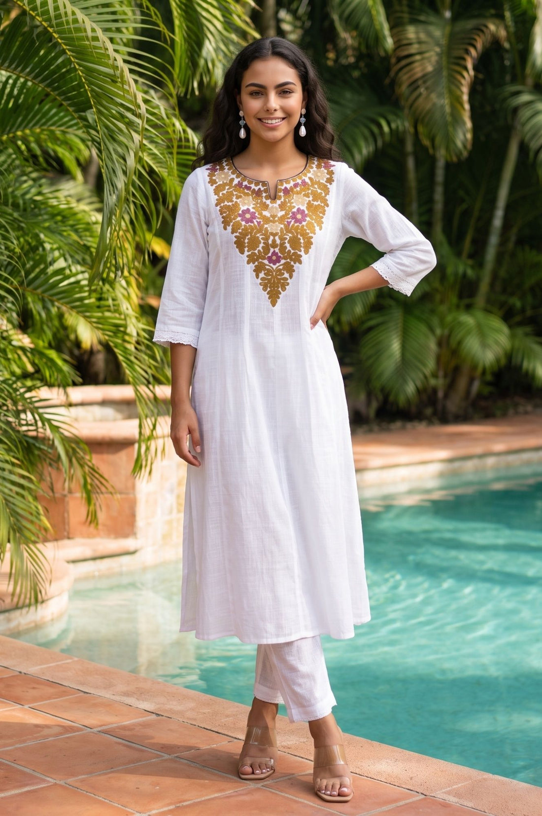 White Embroidered Pure Cotton Flared Kurta