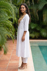 White Embroidered Pure Cotton Flared Kurta