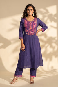 Purple Embroidered Pure Cotton Flared Kurta