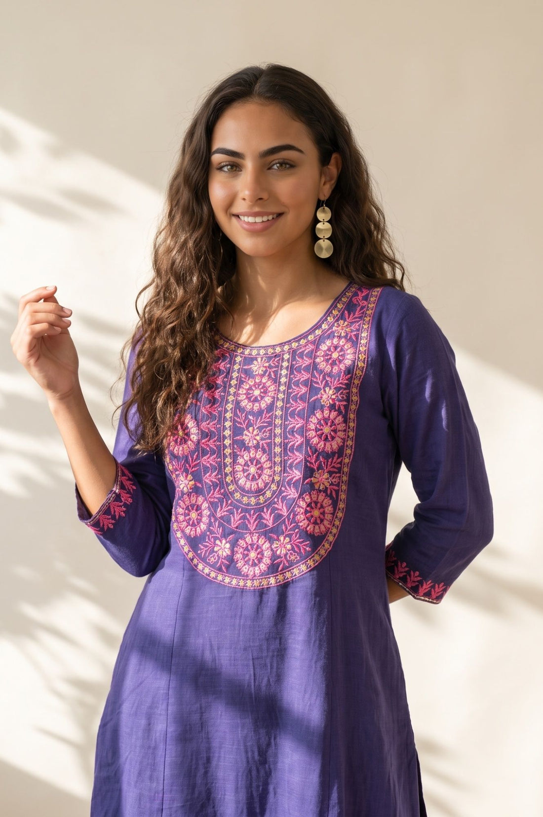 Purple Embroidered Pure Cotton Flared Kurta