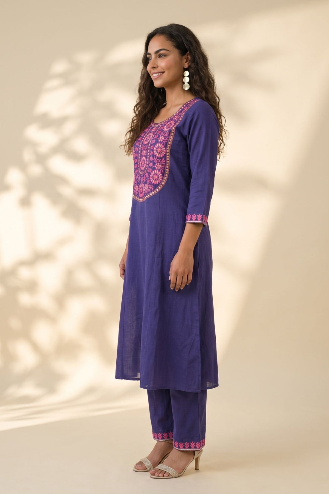 Purple Embroidered Pure Cotton Flared Kurta
