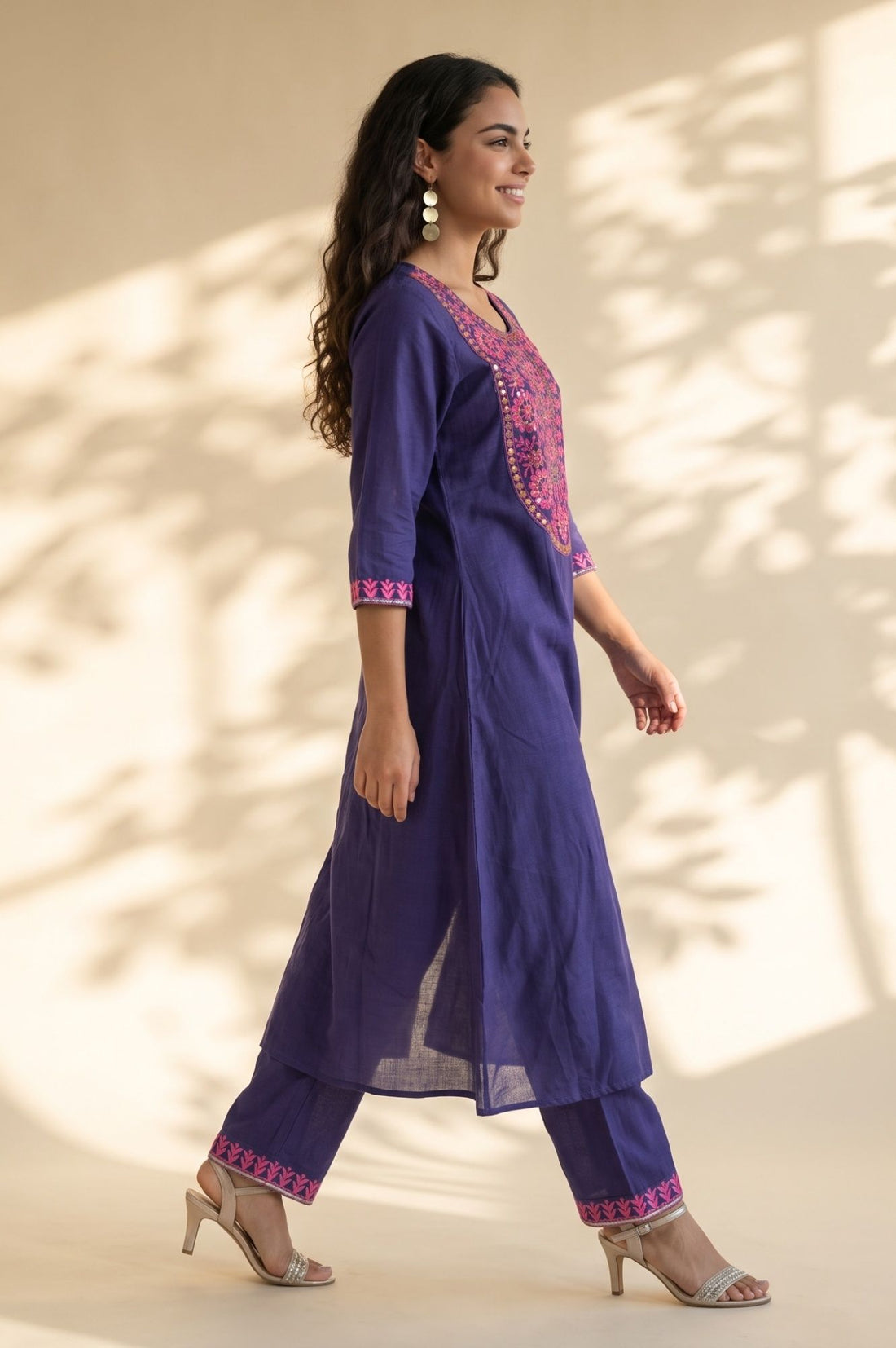 Purple Embroidered Pure Cotton Flared Kurta
