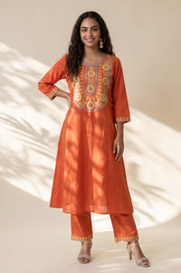 Orange Embroidered Mirror Work Pure Cotton Flared Kurta