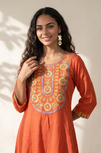 Orange Embroidered Mirror Work Pure Cotton Flared Kurta