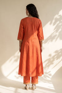Orange Embroidered Mirror Work Pure Cotton Flared Kurta