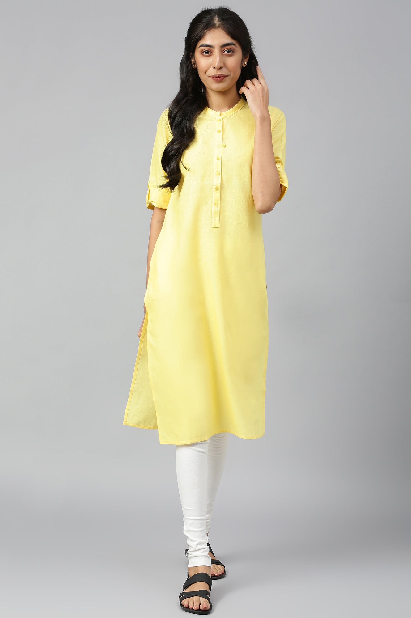 Yellow Mandarin Neck Solid kurta