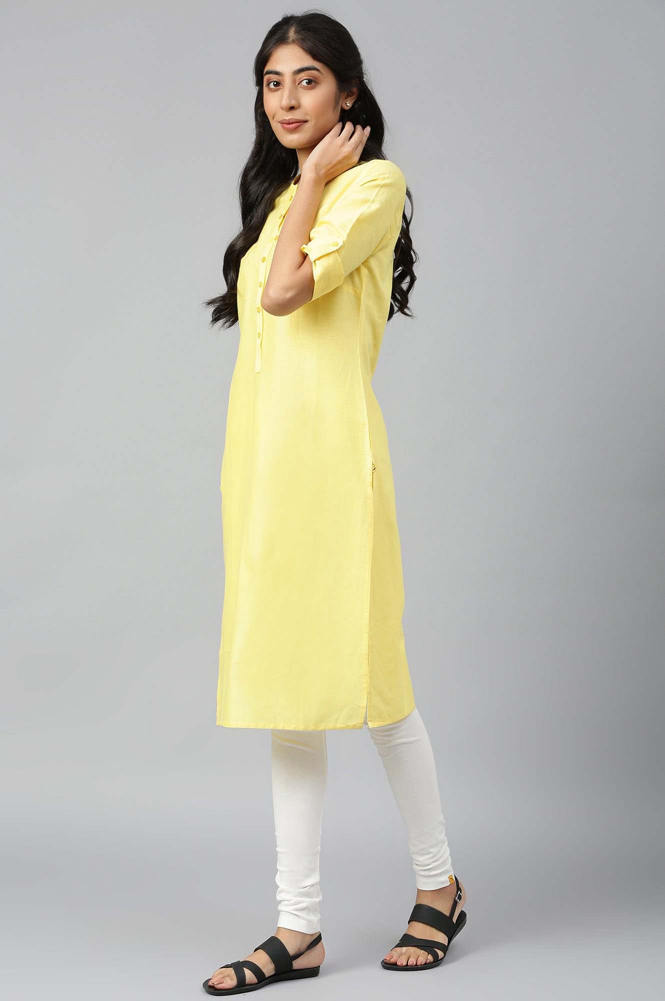 Yellow Mandarin Neck Solid kurta