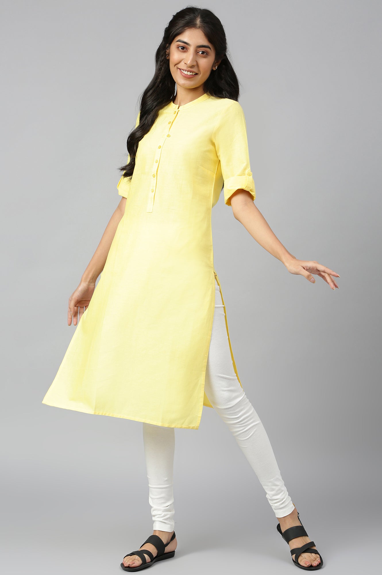 Yellow Mandarin Neck Solid kurta