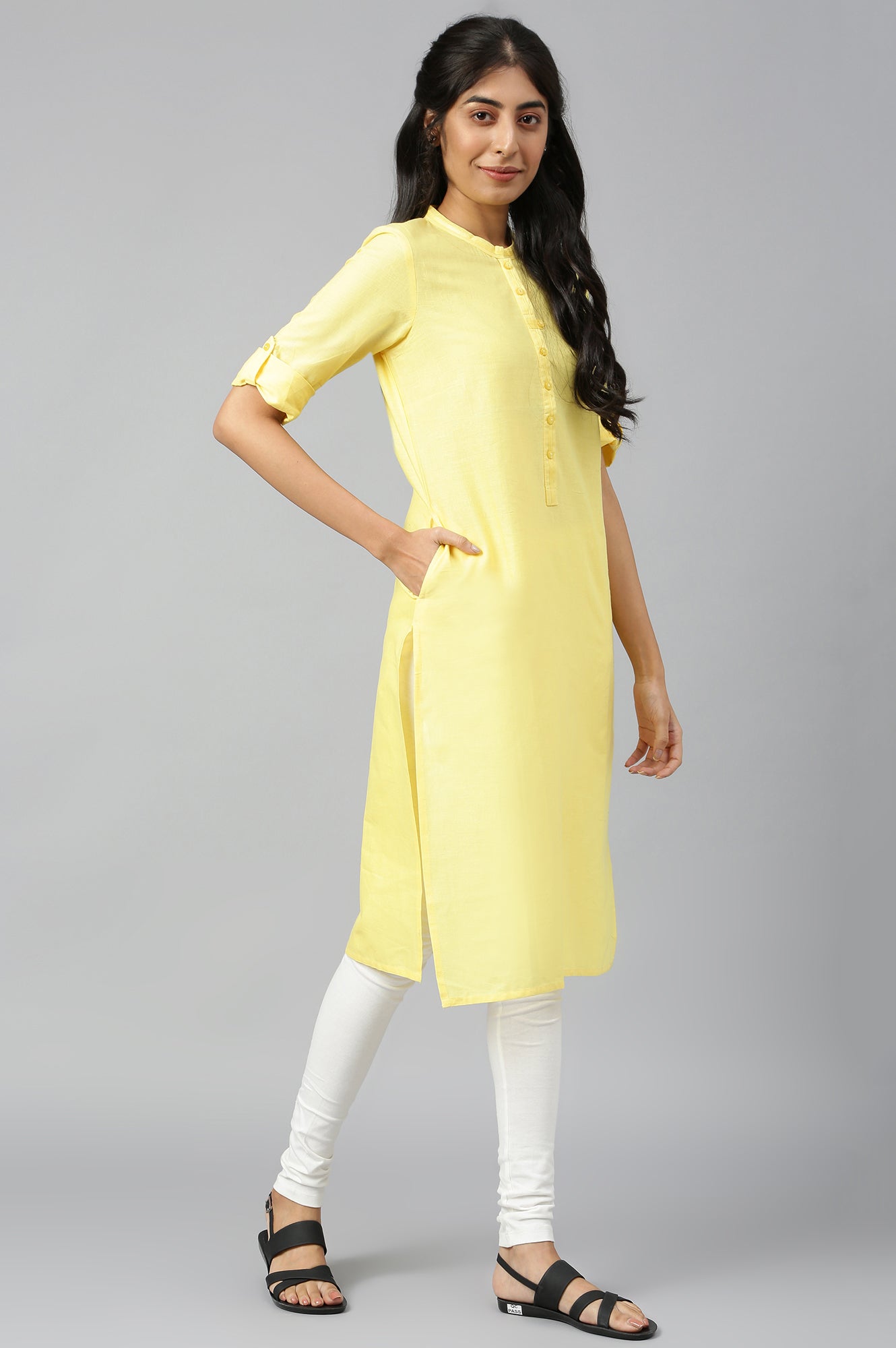 Yellow Mandarin Neck Solid kurta