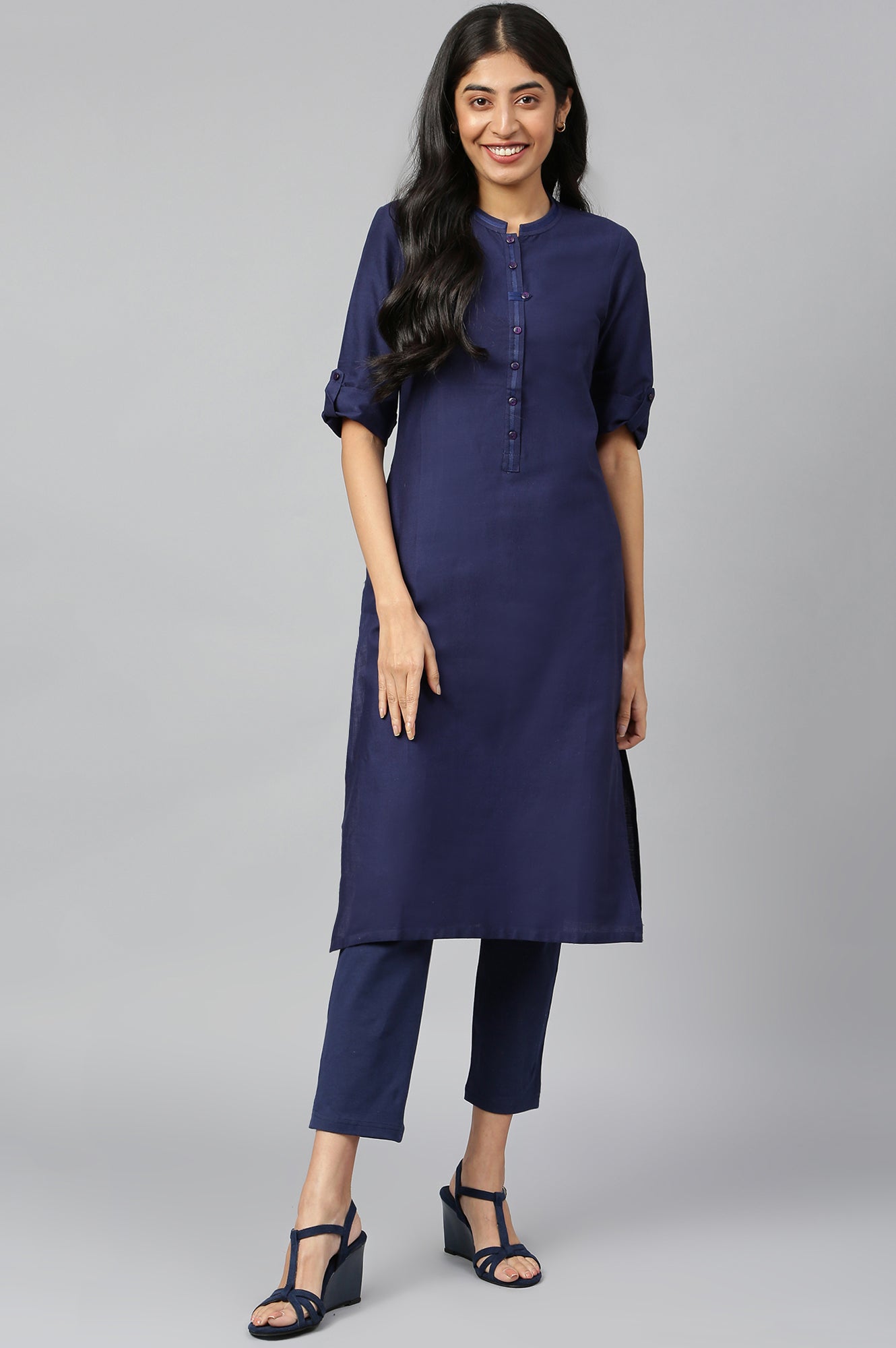 Navy Blue Mandarin Neck Basic kurta