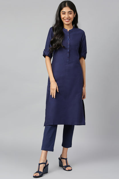 Navy Blue Mandarin Neck Basic kurta